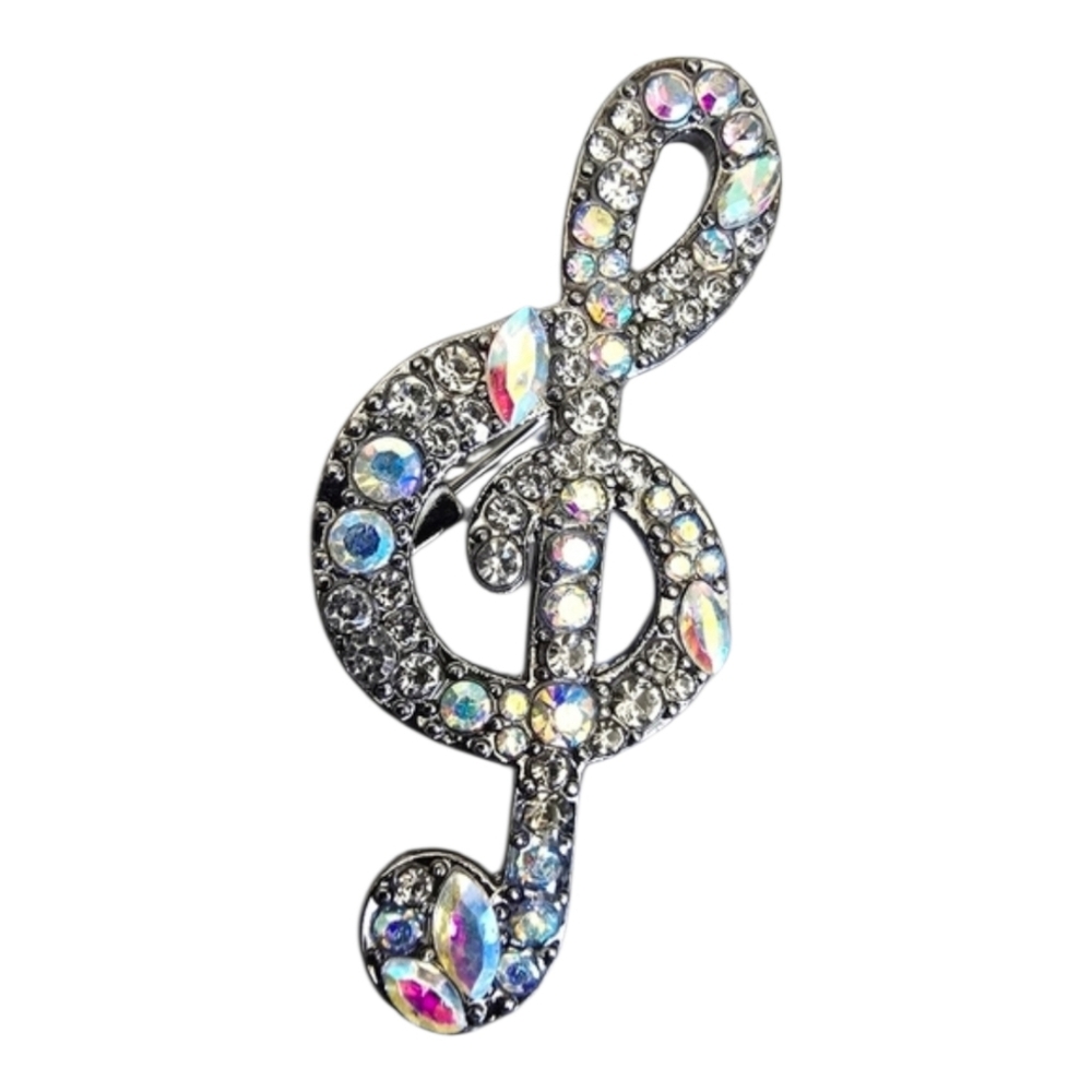 Silver Iridescent Rhinestone Crystal Music Cleft Note Brooch Pin Glam Bling - Picture 1 of 3